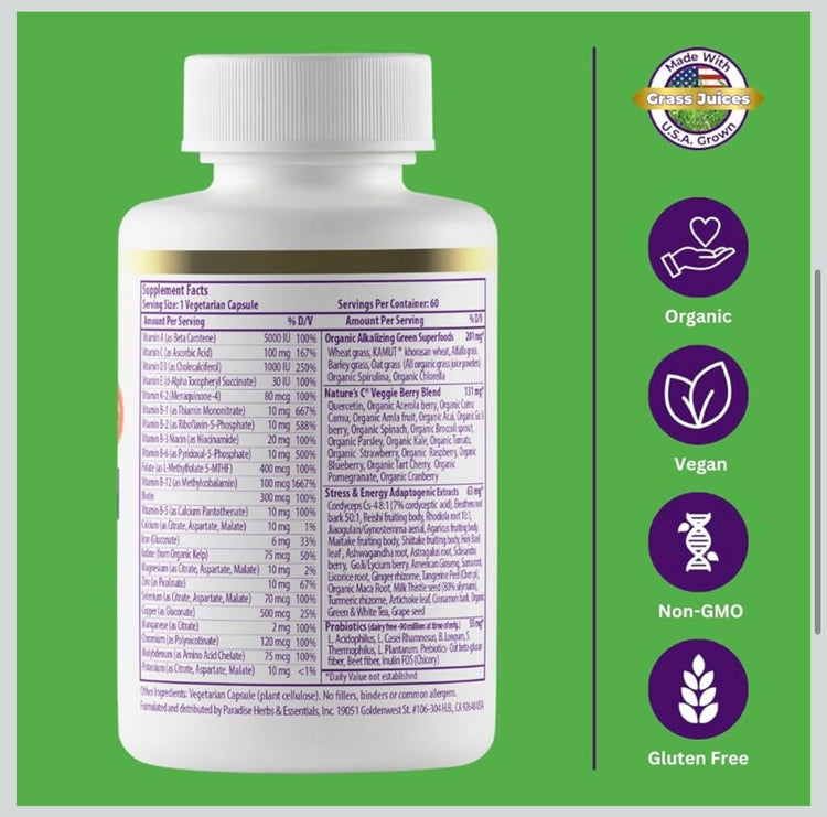 Paradise, Once Daily Multivitamin with Iron, 48 Organic Superfoods, Probiotics, Antioxidants, Vitamins A, B12, C, D, K2, 60 Capsules