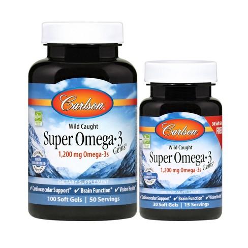 Carlson, Wild Caught, Super Omega-3 Gems, 600 mg, 100 + 30 Soft Gels - Herbal Wings